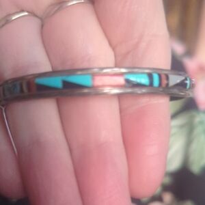 Signed Zuni Sterling Silver Multi-Stone Inlay Cuff Bracelet – I. Bowannie